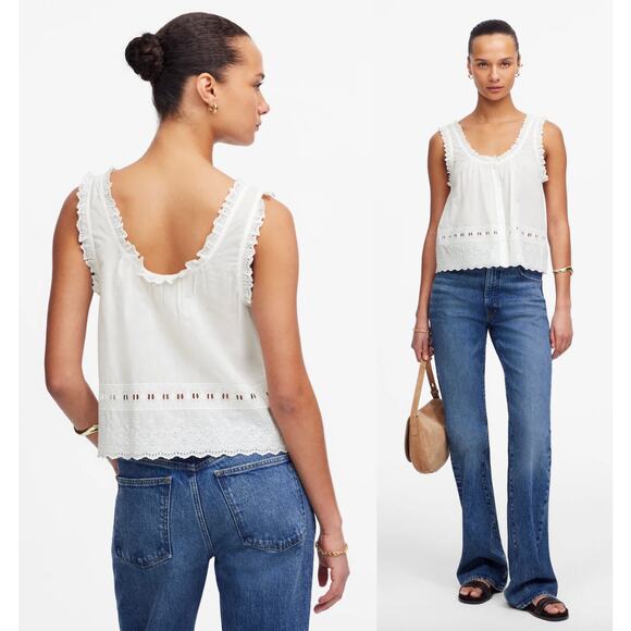 Madewell | NWT Embroidered Scalloped Tank in White | Sz XS - Picture 1 of 12